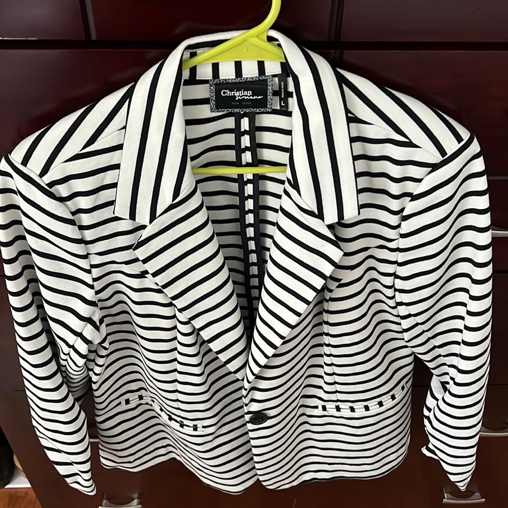 White & black striped blazer. Size L, stretchy.